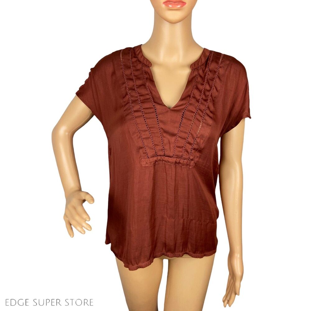 Dolan Dark Orange Short Sleeve Pleated Lace Cut Out Vneck Top TShirt Size XSmall